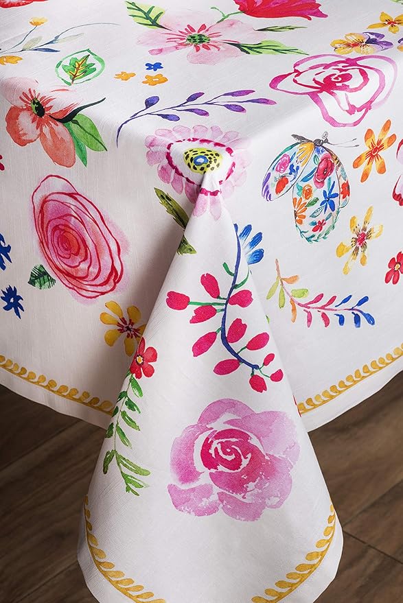 Maison d' Hermine Table Cloth Rectangle Table 100% Cotton 70 x 90 Inches Tablecloth Reusable for Dining Room, Farmhouse, Home, Party, Festive & Wedding Spring Summer - Happy Florals - Sweety