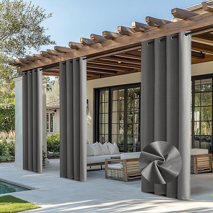 NICETOWN Blackout Outdoor Curtains for Patio Waterproof, 2 Panels 100% Light Blocking Linen Curtains Weatherproof, Indoor/Outside Privacy Sun Shades for Gazebo, Porch, Balcony, W52 x L108 inch, Grey