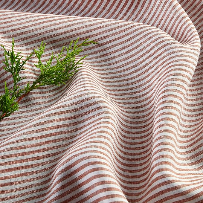 Solino Home Linen Striped Table Runner 36 Inches - Narrow Stripe, 100% Pure Linen Cinnamon and White Small Table Runner 14 x 36 Inch Ideal for Dresser and Coffee Tables
