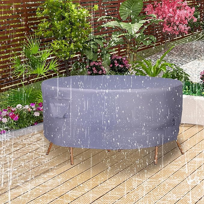 Round Patio Furniture Cover, Heavy Duty and Waterproof for Outdoor Furniture covers, Round outdoor table cover, Patio table cover 62"DIA x 27.5"H Grey