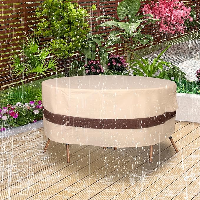 Round Patio Furniture Cover, Heavy Duty and Waterproof for Outdoor Furniture covers, Round outdoor table cover, Patio table cover 96"DIA x 27.5"H Beige