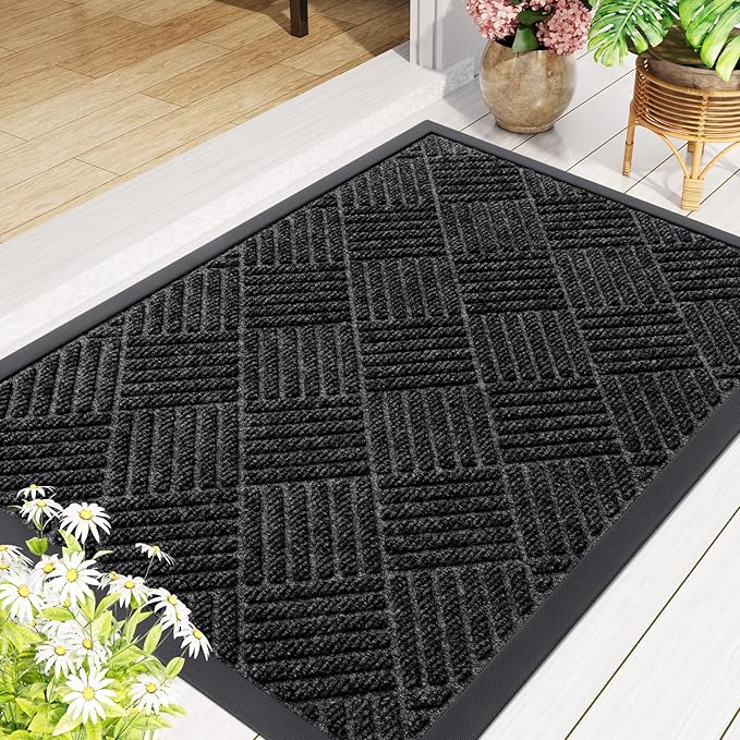 Smiry Front Door Mat Outside Entrance, Heavy Duty Outdoor Indoor Natural Rubber Doormat, Non Slip, Trap Dirt and Moisture, Easy Clean, Low Profile Patio Porch Entryway Mat, 29.5x17, Silver Grey