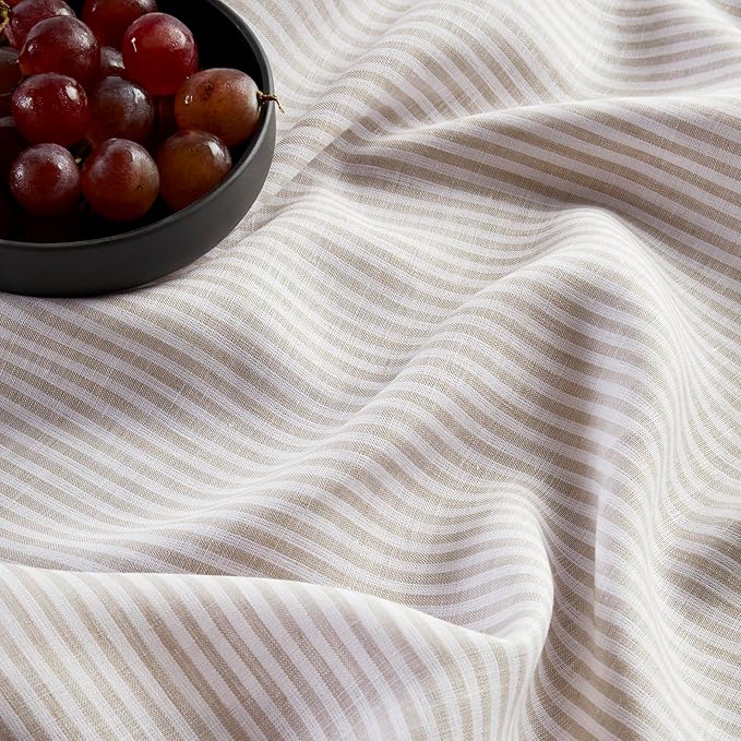 Solino Home Linen Table Runner 48 Inches - Narrow Stripe 100% Pure Linen Natural and White Table Runner 14 x 48 Inch Ideal for Dresser and Coffee Tables - Winter, Spring, Easter