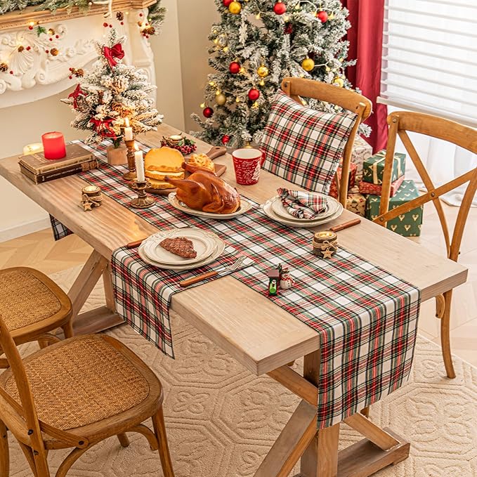 Red White Plaid Christmas Table Runner, Winter Holiday Table Runners 108 inches Long ,Xmas Decorations Indoor Outdoor Farmhouse Home Kitchen Dining Party Decor