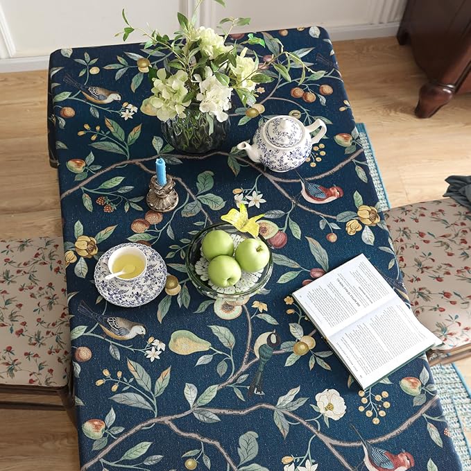 Linen Table Cloth Rectangle,Wrinkle Resistant French Blue Tablecloth Print with Froal,Decor Stitch Table Cloth for Thanksgiving,Dining Room,Home,Kitchen 67" × 118"-DeweyA Blue