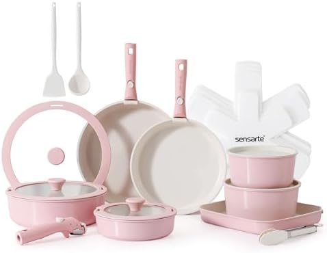 SENSARTE 24 Piece Ceramic Detachable Handle Pots and Pans Set Pink by SENSARTE