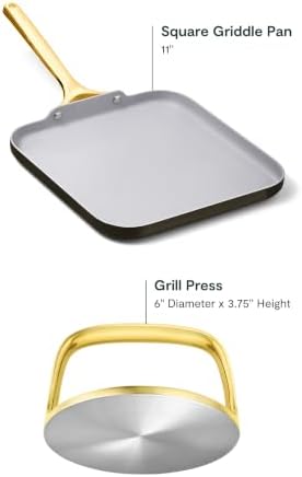 Caraway 11" Non-Stick Square Griddle Pan and 6" Grill Press Duo - Image 2