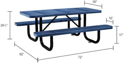 Global Industrial 72" Rectangular Picnic Table, Perforated Metal, Thermoplastic Coating, Attached Benches, 1-1/2” Umbrella Pole Hole, Outdoor-Rated, 1000 lbs Capacity, Blue