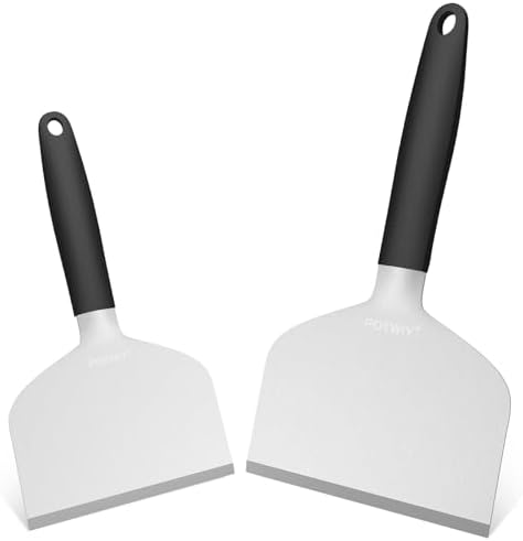 Heavy Duty Griddle Scraper, 5.3" & 4.5" Wide, 1.5mm Stainless Steel by POTWIY