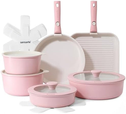 SENSARTE 17 Piece Ceramic Detachable Handle Pots and Pans Set Pink by SENSARTE