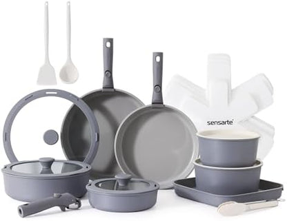 SENSARTE 24 Piece Ceramic Detachable Handle Pots and Pans Set Gray by SENSARTE