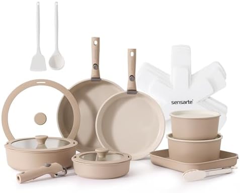 SENSARTE 24 Piece Ceramic Detachable Handle Pots and Pans Set Almond Beige by SENSARTE