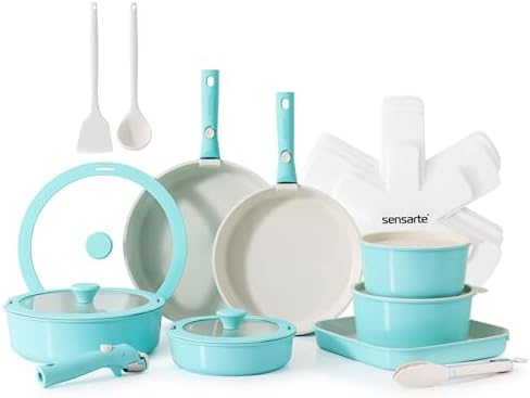 SENSARTE 24 Piece Ceramic Detachable Handle Pots and Pans Set Turquoise by SENSARTE