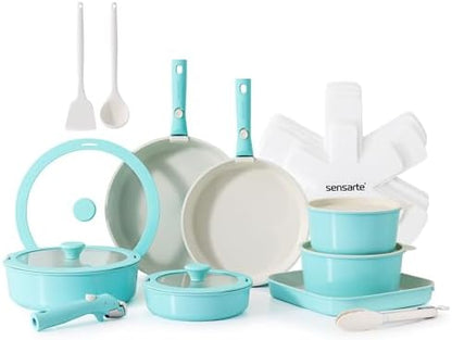 SENSARTE 24 Piece Ceramic Detachable Handle Pots and Pans Set Turquoise by SENSARTE