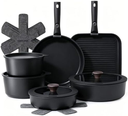 SENSARTE 17 Piece Nonstick Detachable Handle Pots and Pans Set Black by SENSARTE