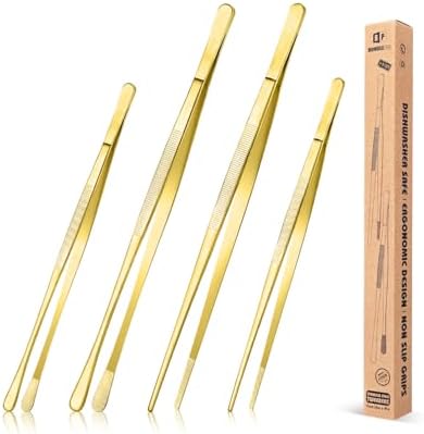 4 Pcs Fine Long Tweezer Tongs Professional Gold, Sea food and BBQ by BUNDLEPRO