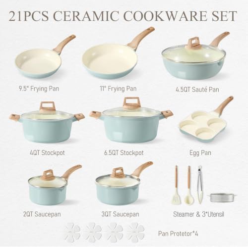 CAROTE 21pcs Ceramic Cookware Sets, Pots and Pans Set Blue - Image 2
