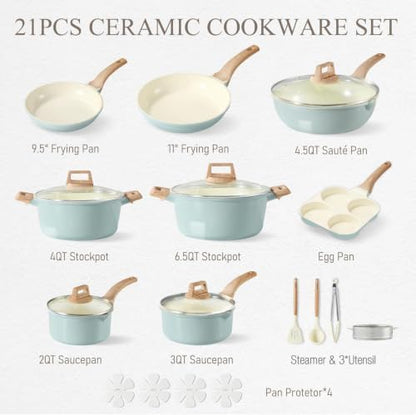 CAROTE 21pcs Ceramic Cookware Sets, Pots and Pans Set Blue - Image 2
