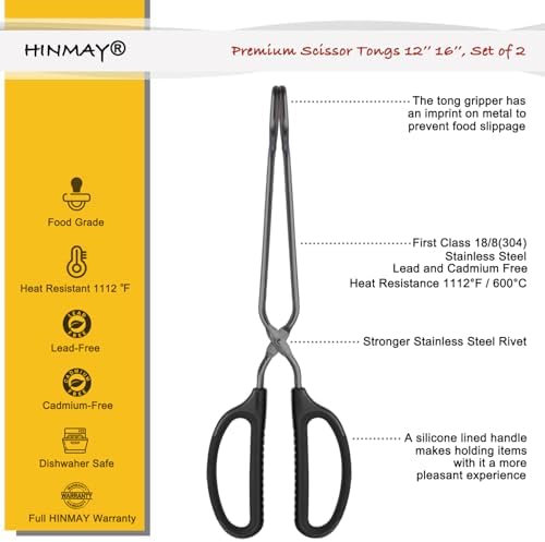 HINMAY Stainless Steel Scissor Tongs 12" and 16" Set - Image 2