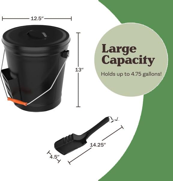 Home-Complete 4.75 Gallon Black Ash Bucket with Lid and Shovel-Essential Tools for Fireplaces, Fire Pits, Wood Burning Stoves-Hearth Accessories