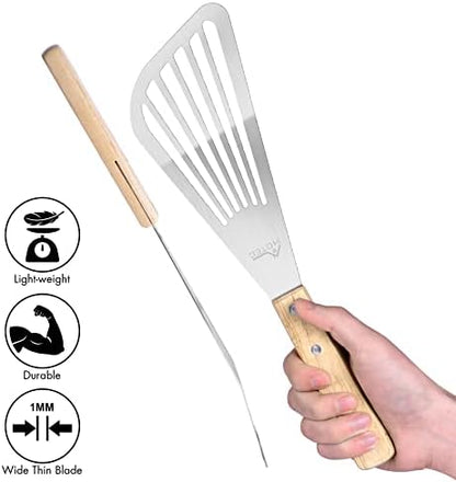 HOTEC 2-Pack Stainless Steel Fish Spatula, Wooden Handle - Image 4