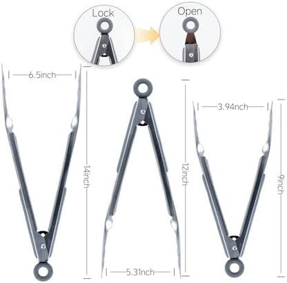 Stainless Steel BBQ Grill Tongs Set of 3, 9/12/14 Inch Locking Tongs - Image 2