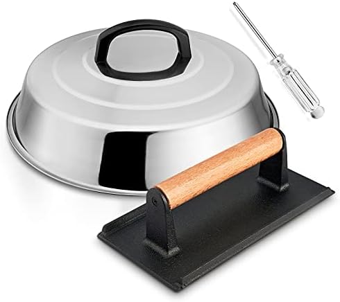 HaSteeL 12In Cheese Melting Dome & 8x4In Cast Iron Grill Press, Stainless Steel by HaSteeL