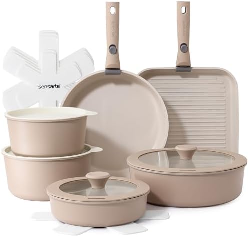 SENSARTE 17 Piece Ceramic Detachable Handle Pots and Pans Set Almond Beige by SENSARTE