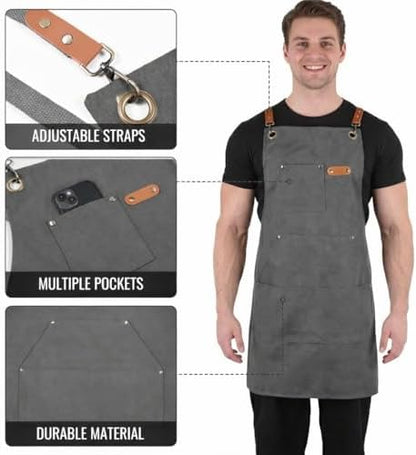 Canvas Chef Apron for Men and Women, Cross-Back, 5 Pockets - Image 4