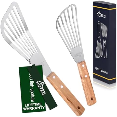 HOTEC 2-Pack Stainless Steel Fish Spatula, Wooden Handle by Hotec
