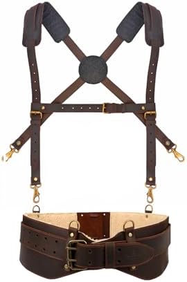 Leather Tool Belt with Suspenders, Padded Electrician Carpenter Work Belt by Tourbn