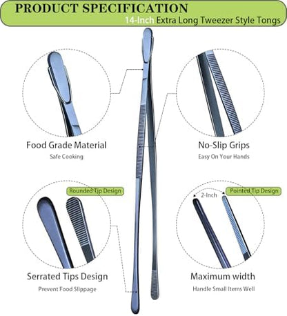 JETKONG 2 Pcs 14-Inch Cooking Tweezer Tongs Extra- Long Stainless Steel Kitchen - Image 2