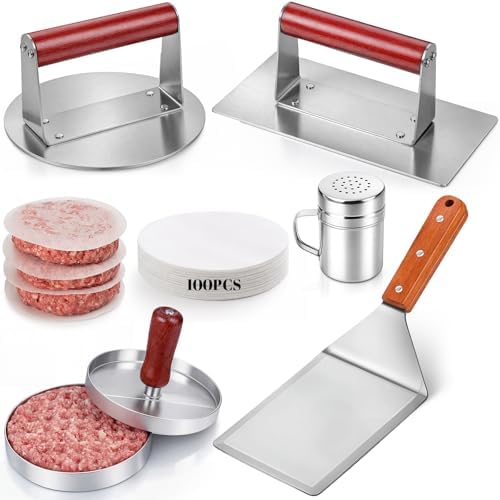 6 Pcs Smashed Burger Press Kit, 6.3" Round & 8" x 4.3" Rectangle Stainless by Acellegic