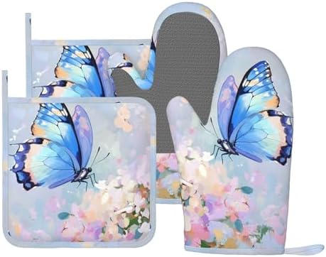 Oven Mitts Pot Holders Set Butterfly Flower Oil Painting Silicone Kitchen by SUPLUCHOM