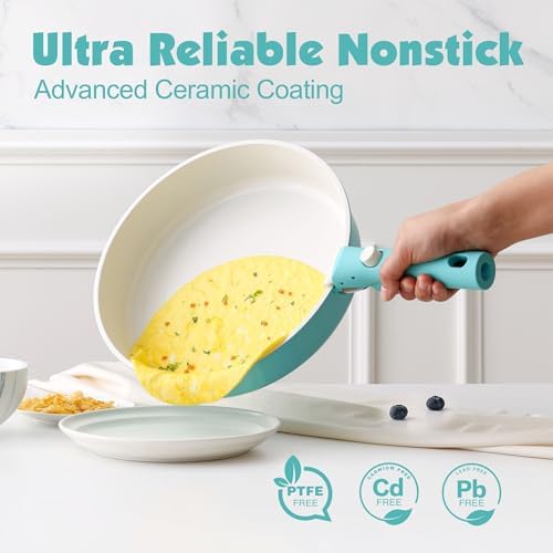 SENSARTE 24 Piece Ceramic Detachable Handle Pots and Pans Set Turquoise - Image 4