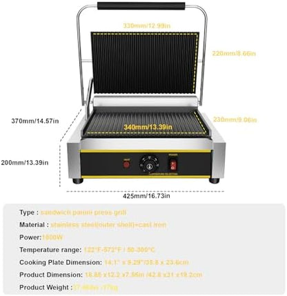 Commercial Panini Press Grill, 1800W Electric Sandwich Panini Maker - Image 7