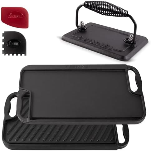 Cuisinel Cast Iron Griddle/Grill + Burger Press + Pan Scrapers by Cuisinel