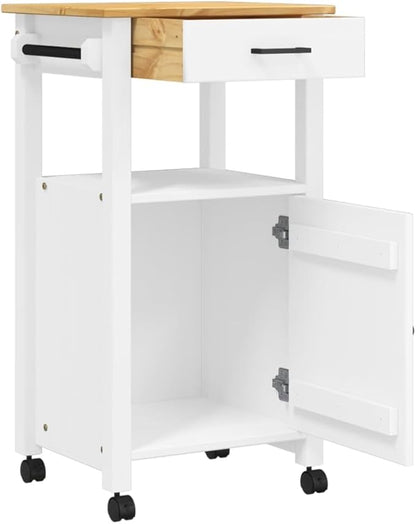 Kitchen Trolley Monza Rolling Kitchen Island Cart with Storage, Portable Dining Room Serving Utility Carts, White 18.9" x 15.7" x 35.4" Solid Wood Pine KH73A