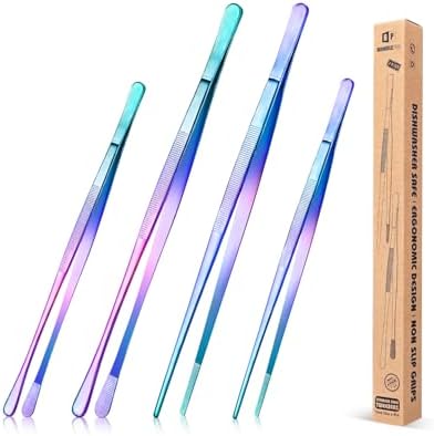 4 Pcs Fine Long Tweezer Tongs Professional Rainbow, Sea food and BBQ by BUNDLEPRO