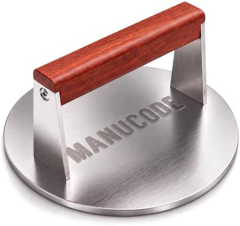 Stainless Steel Grill Press, Wood Handle, 8 Inch Round, 3.1 lb by Manucode