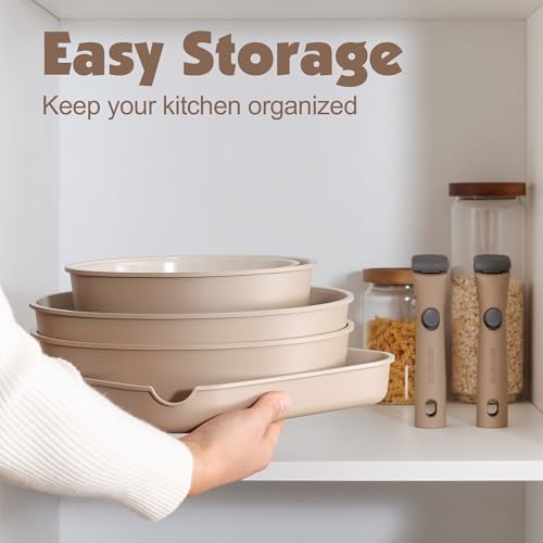 SENSARTE 17 Piece Ceramic Detachable Handle Pots and Pans Set Almond Beige - Image 3