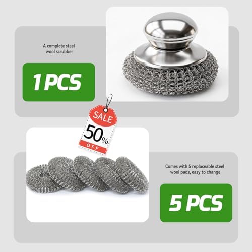 5 Pcs Steel Wool Scrubber with Handle: Stainless Steel Scrub Set - Image 2