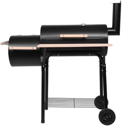 44" Charcoal Grill Offset Smoker, Outdoor BBQ Smoker with Side Fire Box, High-Temp Paint Charcoal Furnace with Thermometer, Wooden Shelf & 2 Wheels for Backyard Cooking, Camping, Picnic, Black