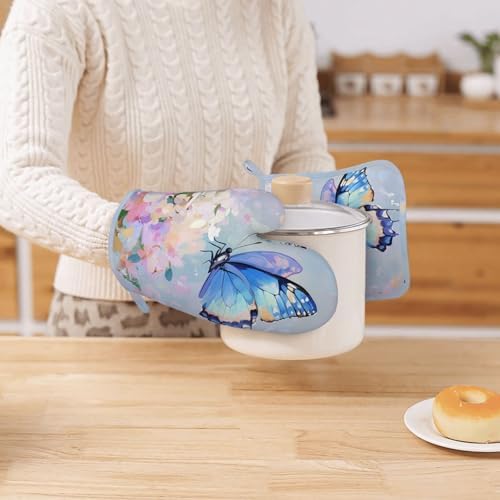 Oven Mitts Pot Holders Set Butterfly Flower Oil Painting Silicone Kitchen - Image 7