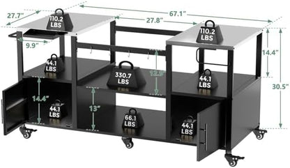 Heavy-Duty Outdoor Grill Cart with Stainless Steel Top, Rolling BBQ Prep Station Table for Large Ceramic Grills & Smokers, 67-Inch Metal Grill Stand with 2 Storage Cabinets, 6 Wheels, Black
