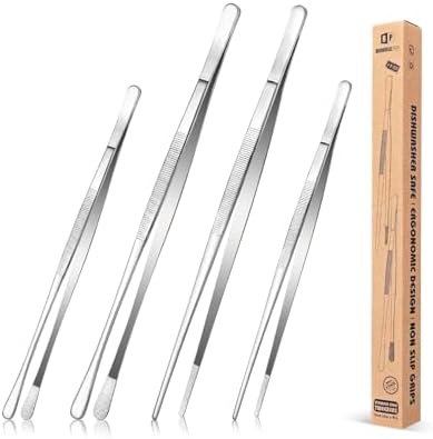 4 Pcs Fine Long Tweezer Tongs Professional Silver, Sea food and BBQ by BUNDLEPRO