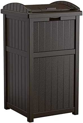 Suncast 5 Pack 33 Gallon Durable Plastic Hideaway Outdoor Garbage Can with Secure Lid & Wicker Design for Home Backyards, Decks, or Patios, Java Brown