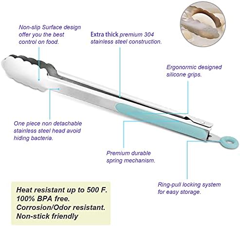 304 Stainless Steel Kitchen Cooking Tongs, 14 & 16", Aqua Sky - Image 5