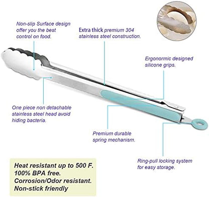 304 Stainless Steel Kitchen Cooking Tongs, 14 & 16", Aqua Sky - Image 5