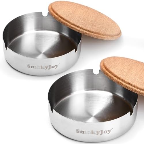 Outdoor Ashtray with Lid, 2 Pack Stainless Steel Ash Tray by SmokyJoy